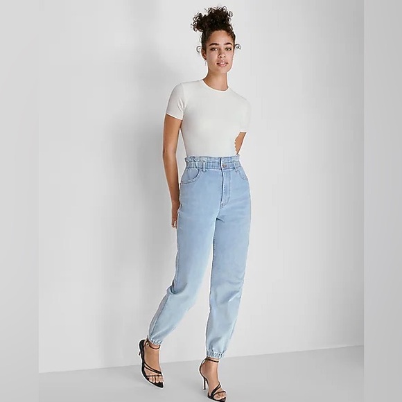 Express Denim - Express Super High Rise Jogger Jeans Light Wash Denim Paperbag Waist Fit sz 0